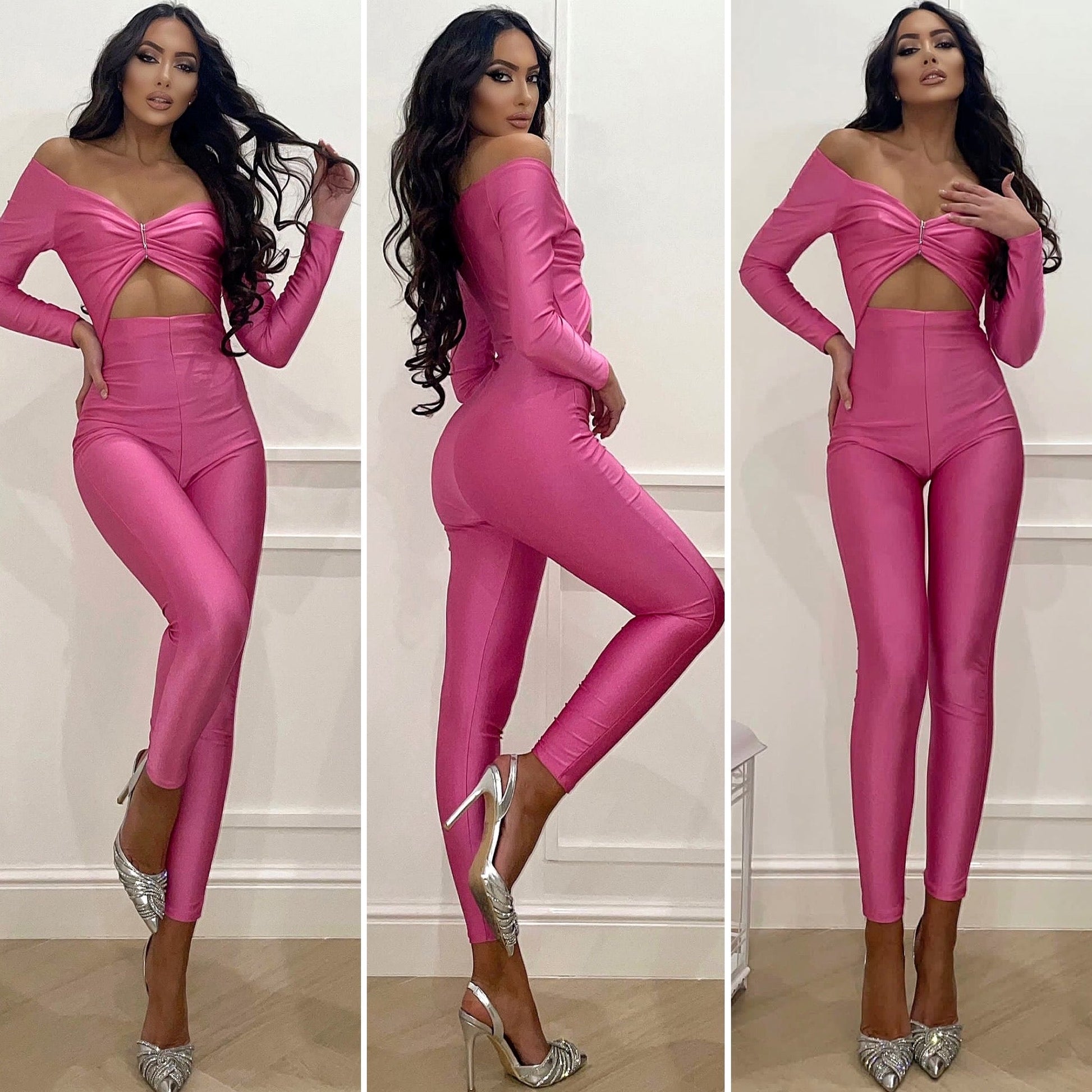 Tuta aderente Fuxia con spilla silver