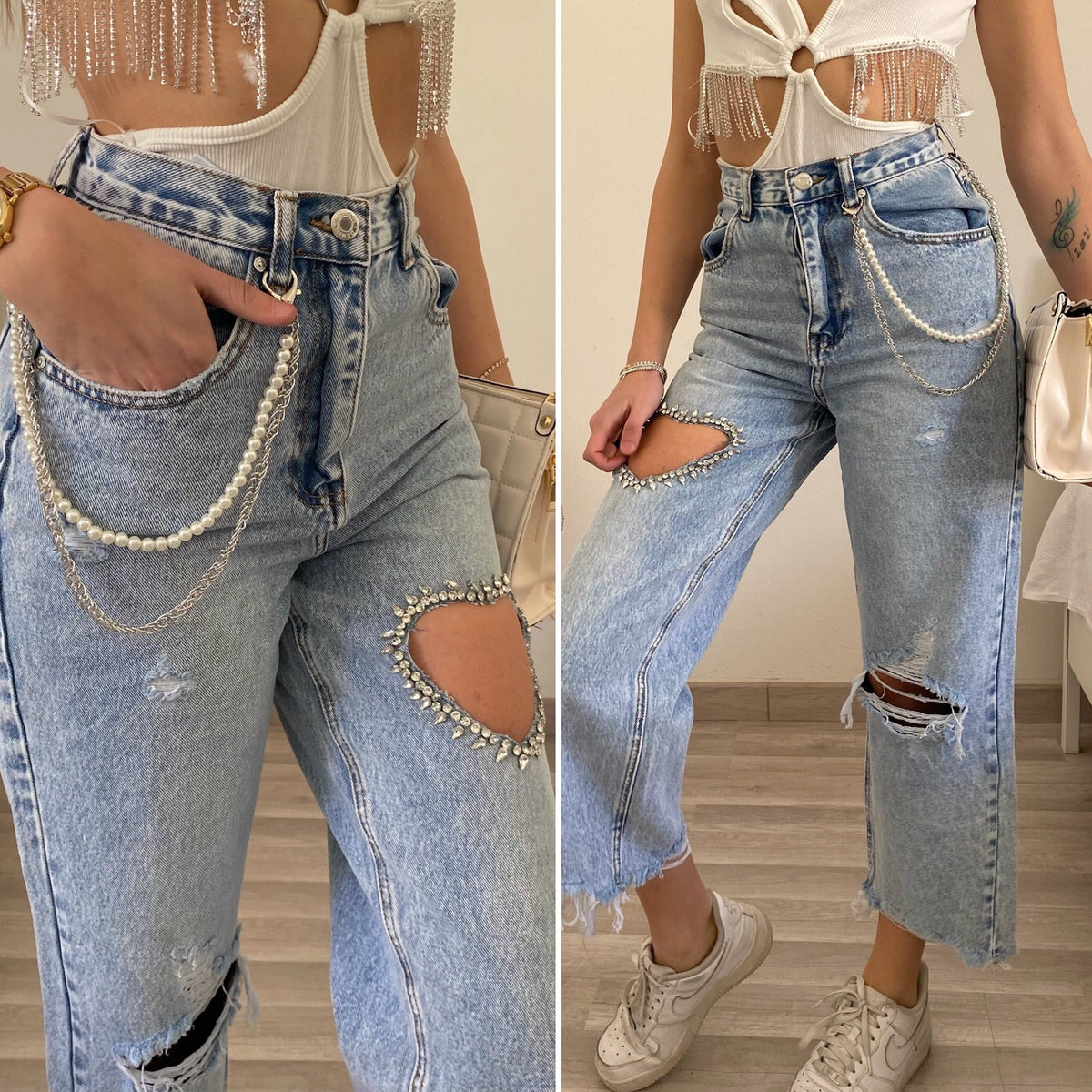 Jeans con cuore e strass
