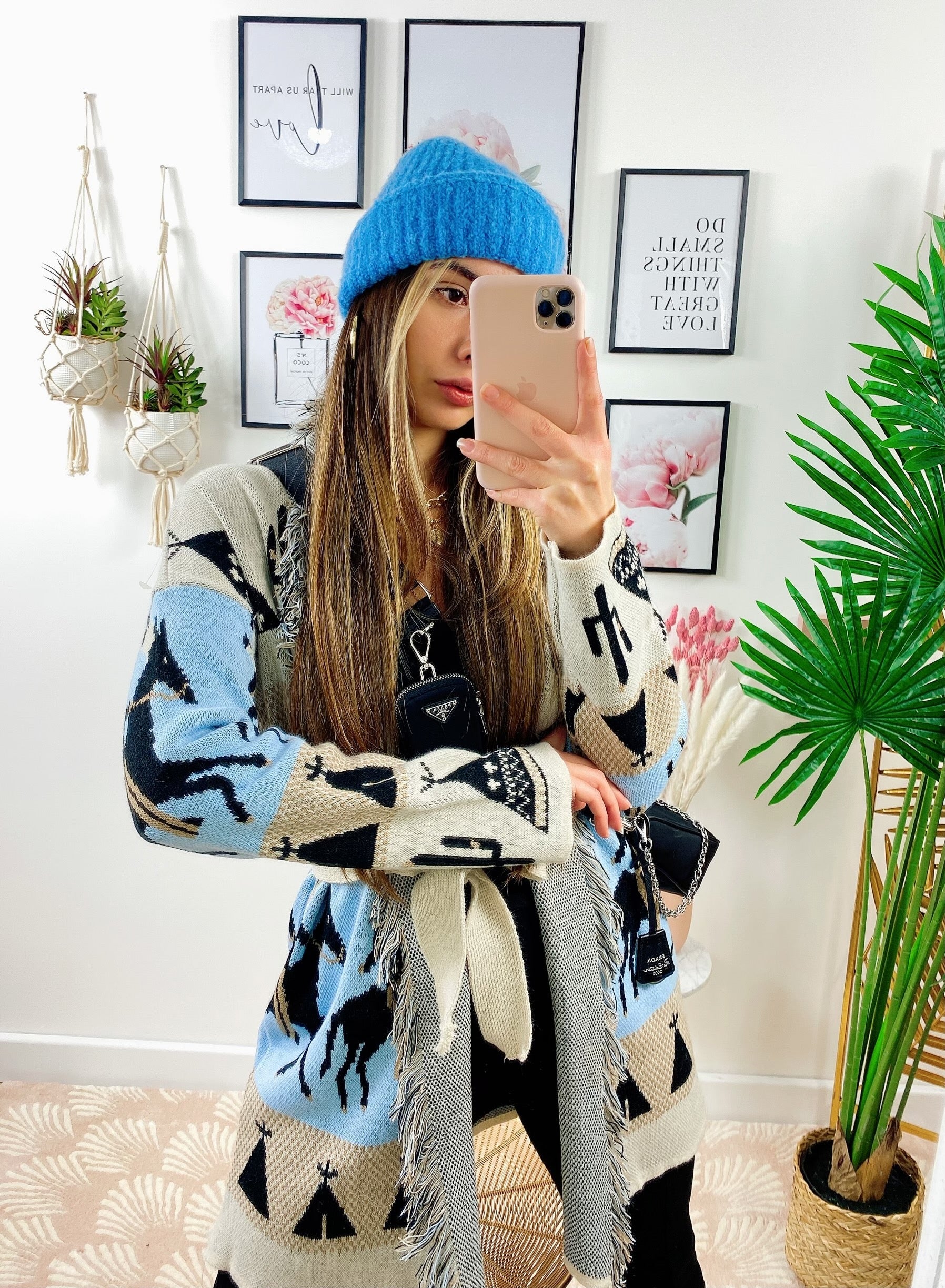 Cardigan frange e cinta con cavallo celeste