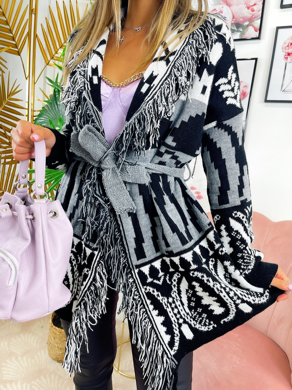 Cardigan con frange e cinta dettaglio Grigio nero