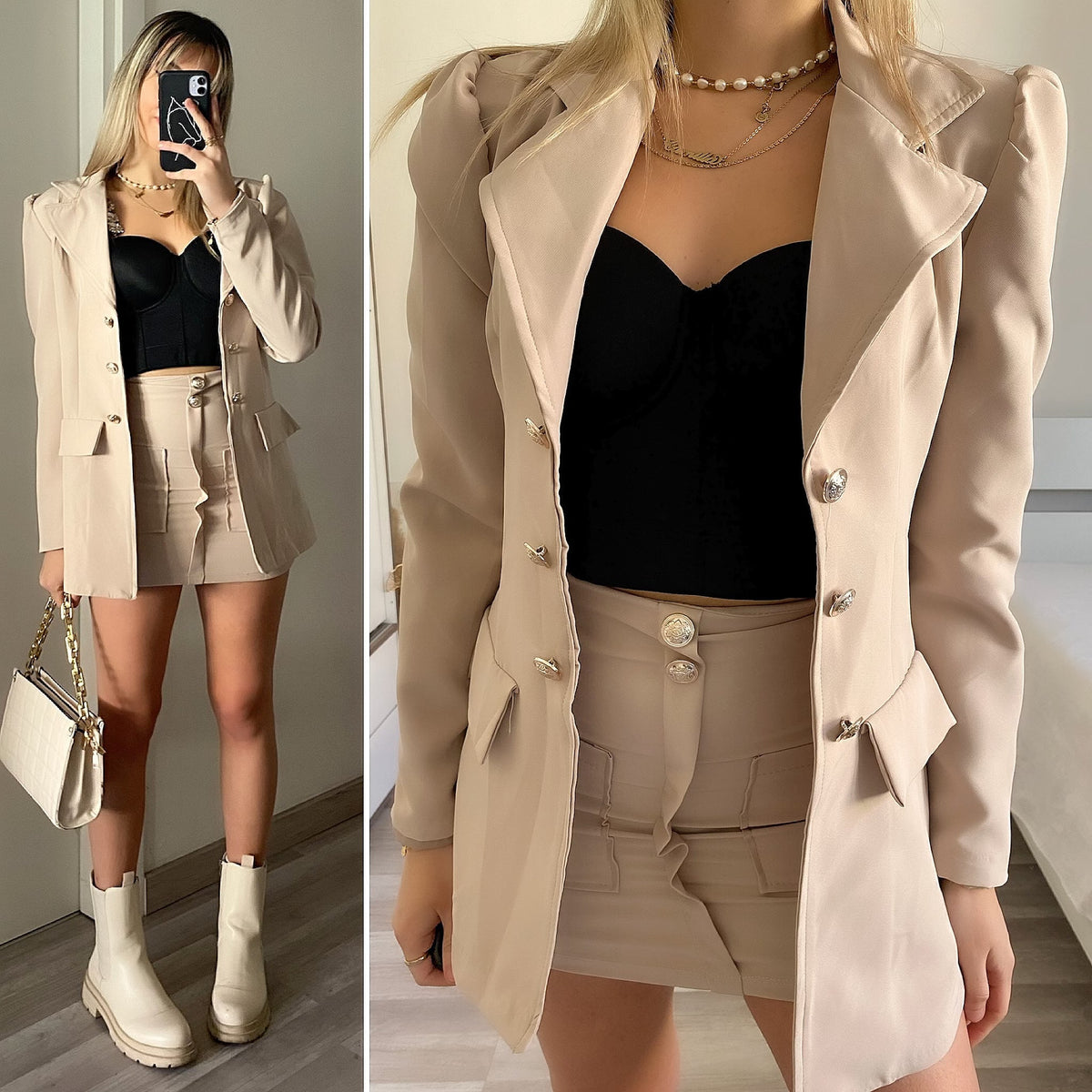 Completo giacca e gonna bottoni oro beige