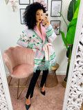 Cardigan frange e cinta rosa e verde