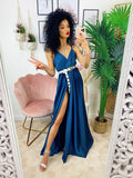 Abito in raso con maxi spacco blu petrolio