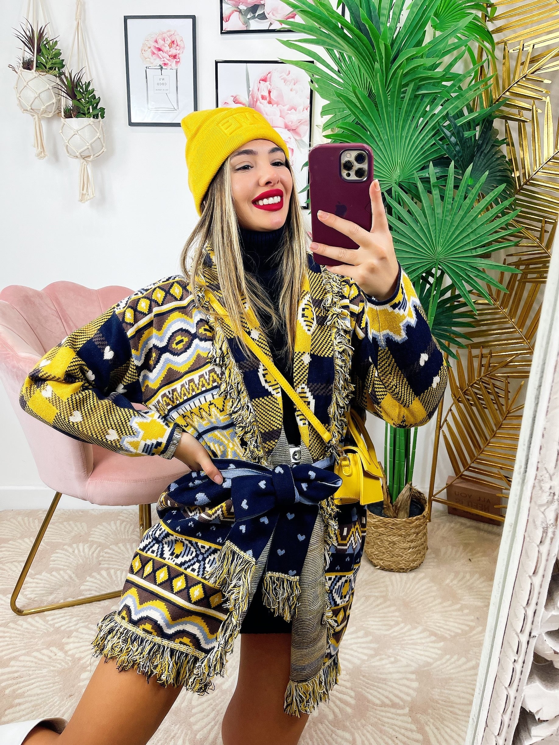 Cardigan con frange e cuori Giallo celeste