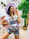 Completo etnico Short e t-shirt base Celeste e lilla
