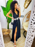 Abito in raso con maxi spacco nero
