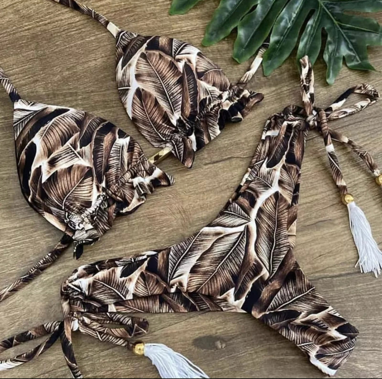 Bikini a triangolo con corda floreal brown
