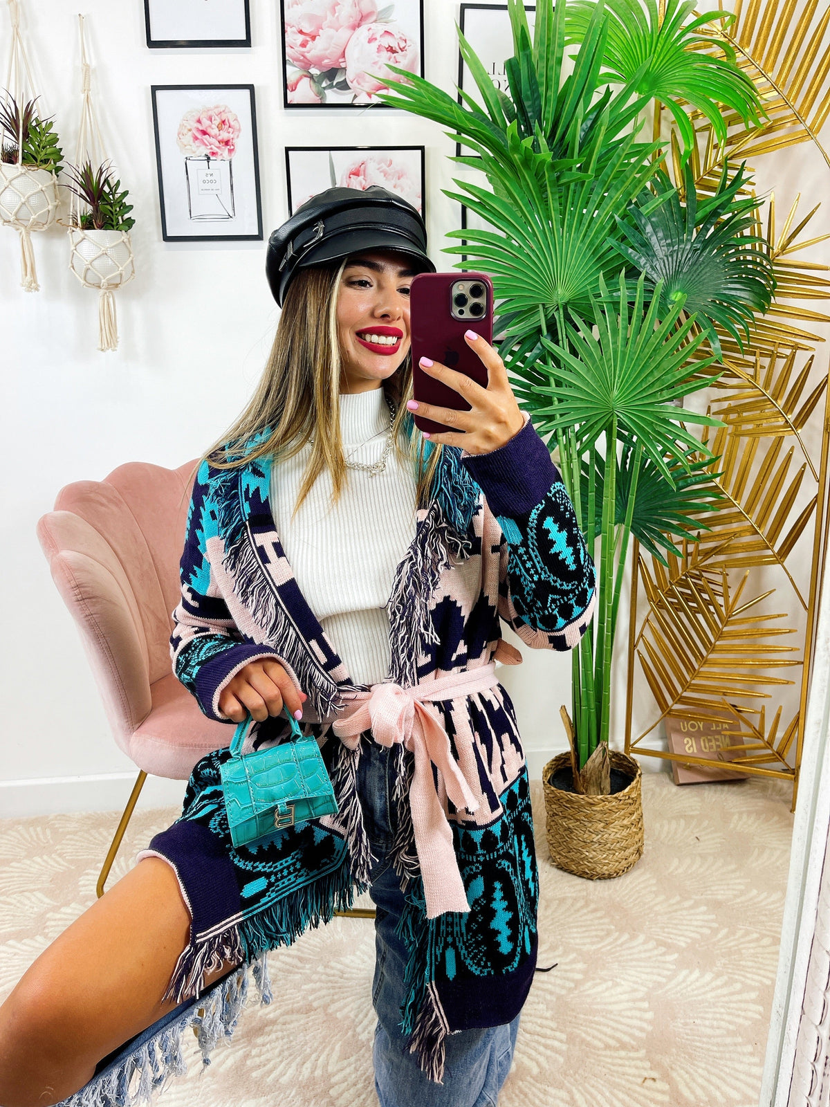 Cardigan con frange e cinta dettaglio Celeste