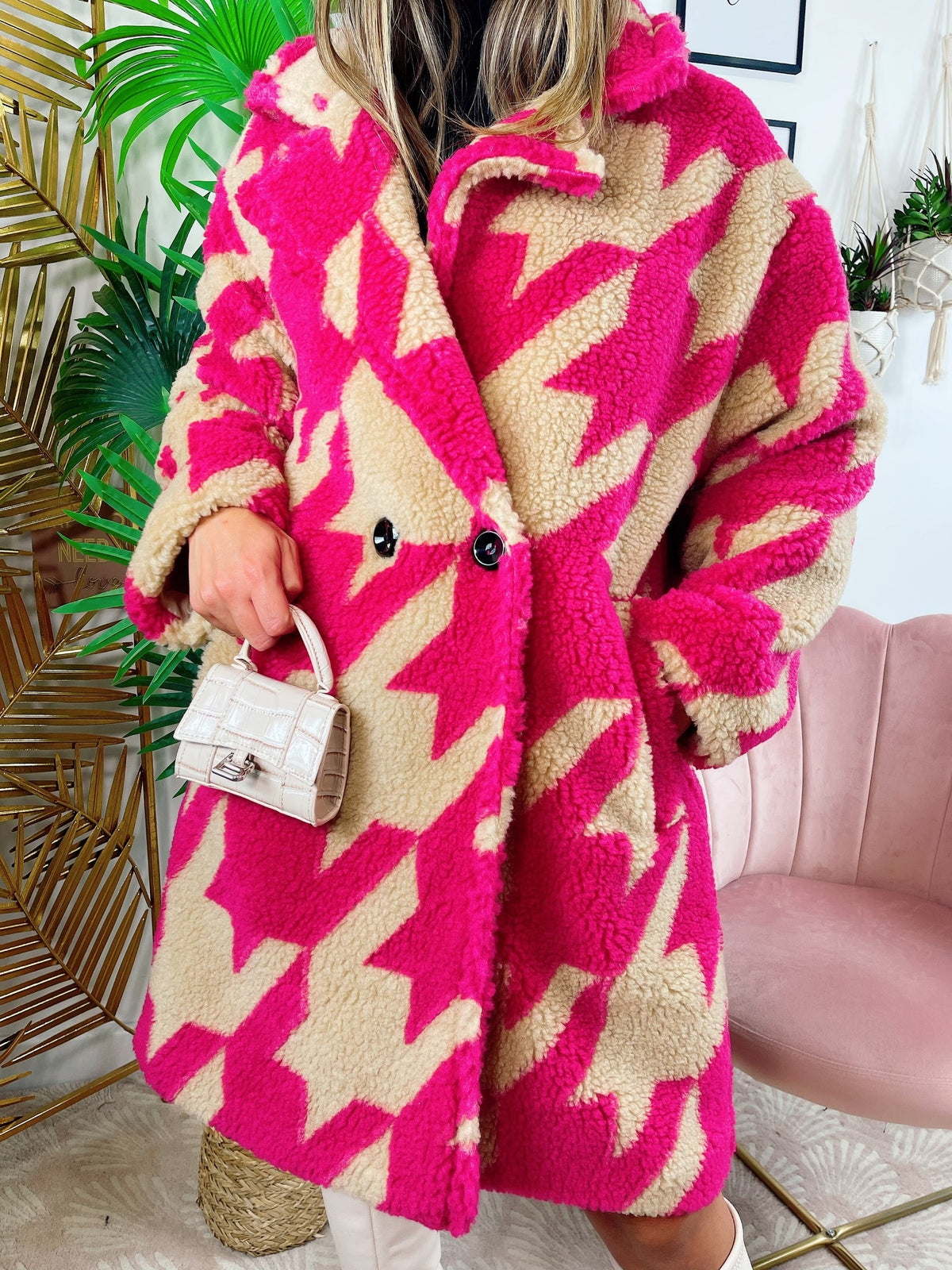 Cappotto pied de poule dettaglio fucsia