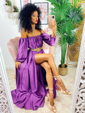 Abito scollo a barchetta in raso con maxi spacco purple