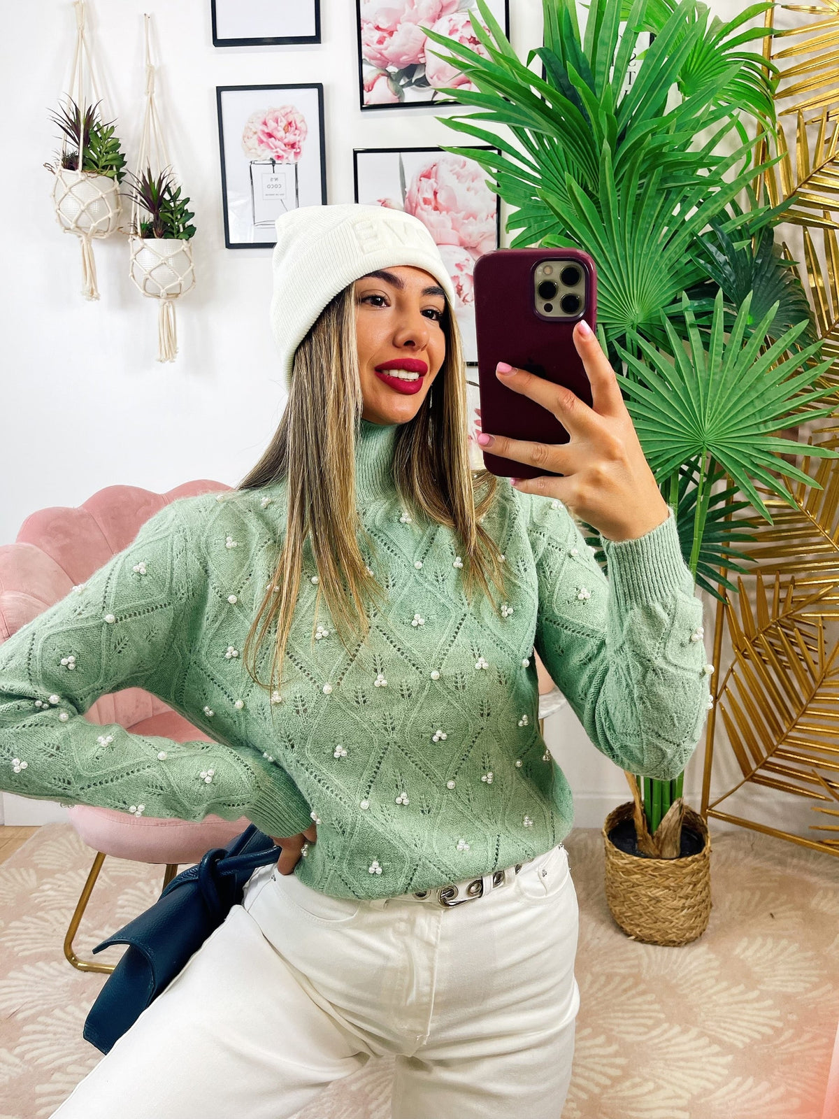 Maglione top quality con perle menta
