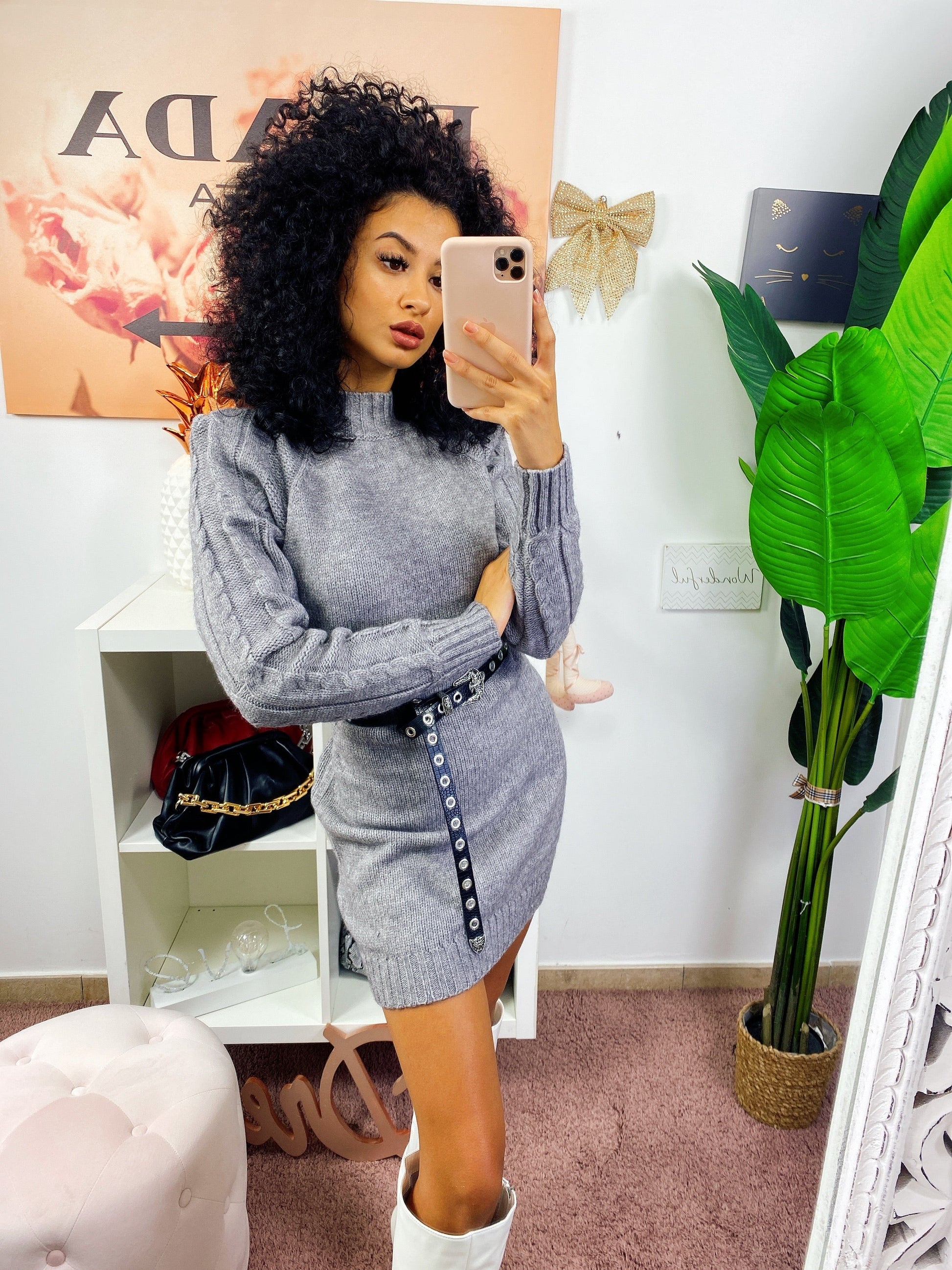 Abito in maglia con trecce e spalline Grigio