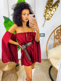 Tutina in raso con scollo a barchetta manica lunga bordeaux