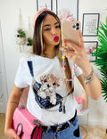 T-Shirt con bulldog e catena bianca