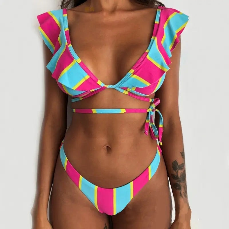Bikini a righe  Formentera celeste e Fuxia