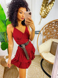 Abito corto bordeaux glitter con gonna asimmetrica