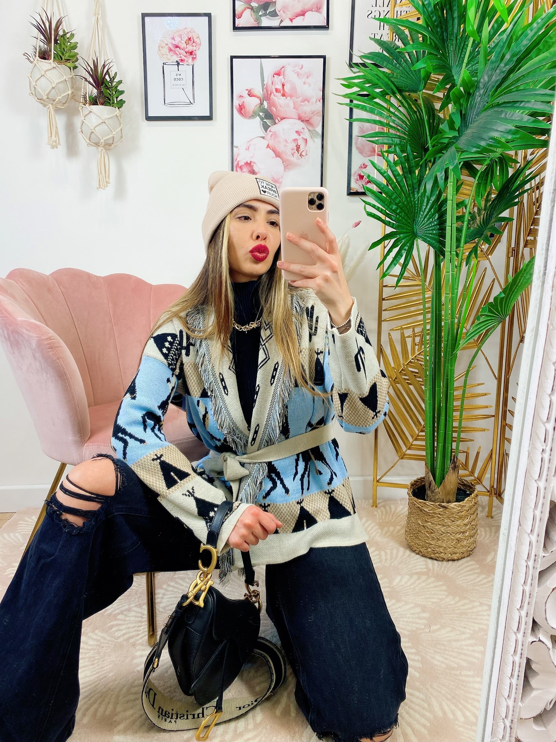 Cardigan frange e cinta con cavallo celeste corto