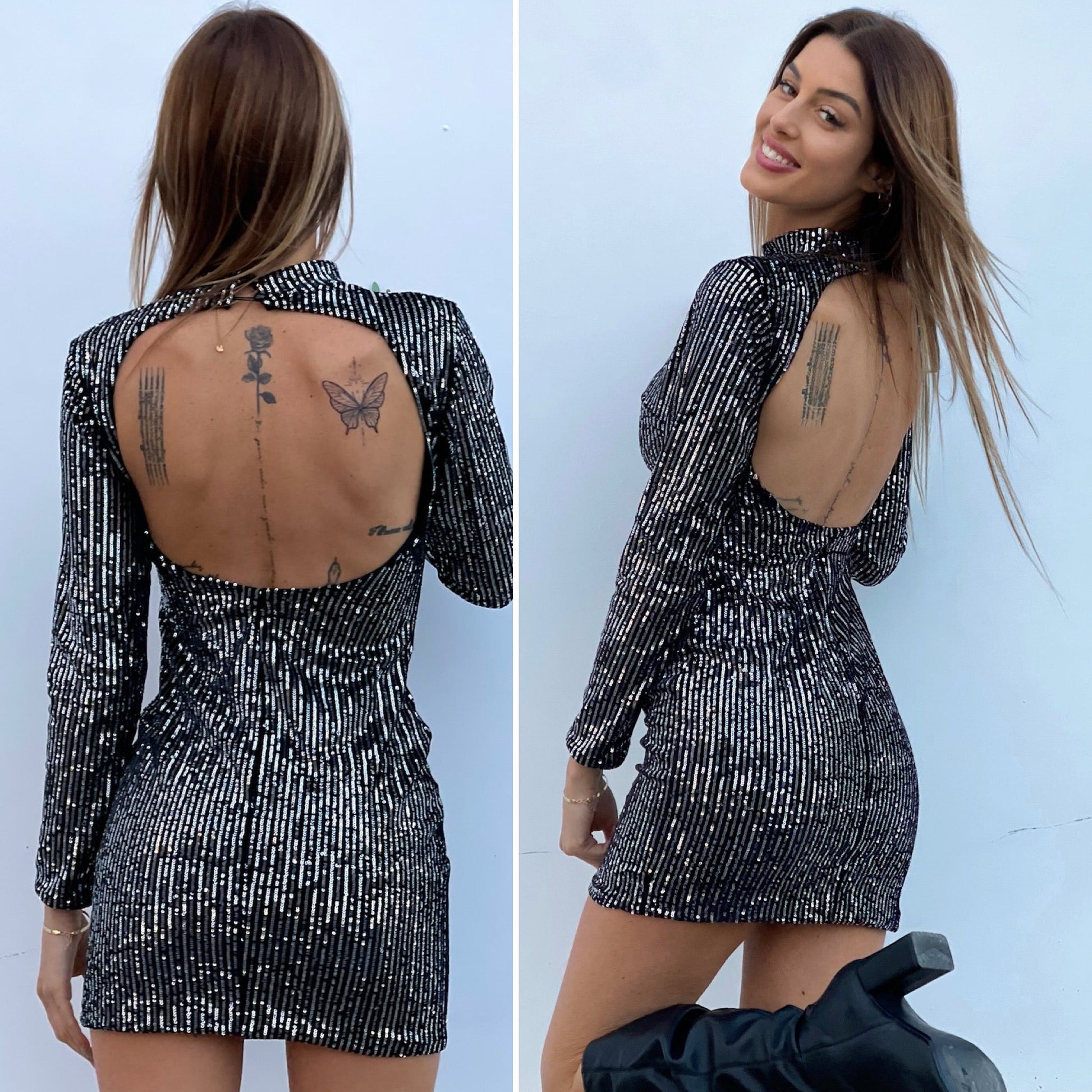 Abito schiena aperta in paillettes argento