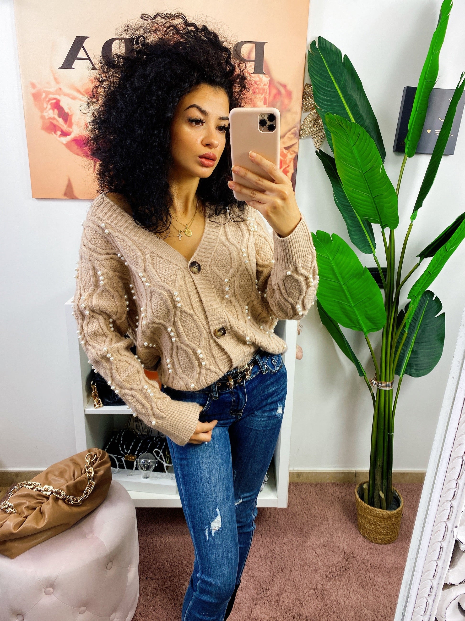 Cardigan con perle beige top Quality