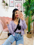 Cardigan primaverile con trecce lilla