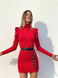 Abito a costine Rosso con Rouches sulle maniche