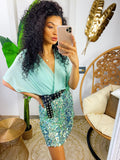 Abito con paillettes manica corta verdeacqua