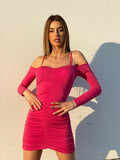 Abito con arricciatura e maniche lunghe fuxia