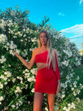 Abito aderente monospalla rosso con manica lunga