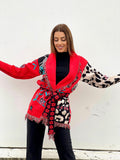 Cardigan con frange e cintura rosso