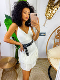 Abito corto bianco glitter con gonna asimmetrica