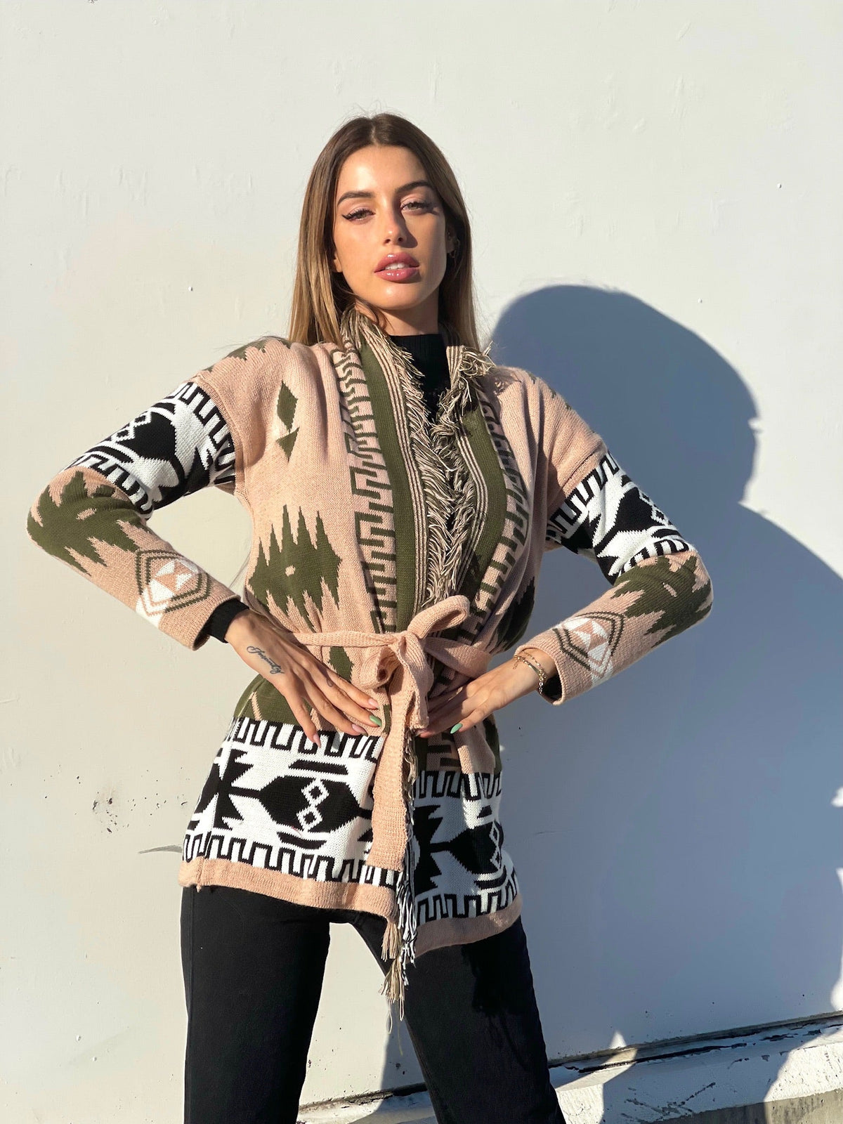 Cardigan frange e cinta dettaglio verde
