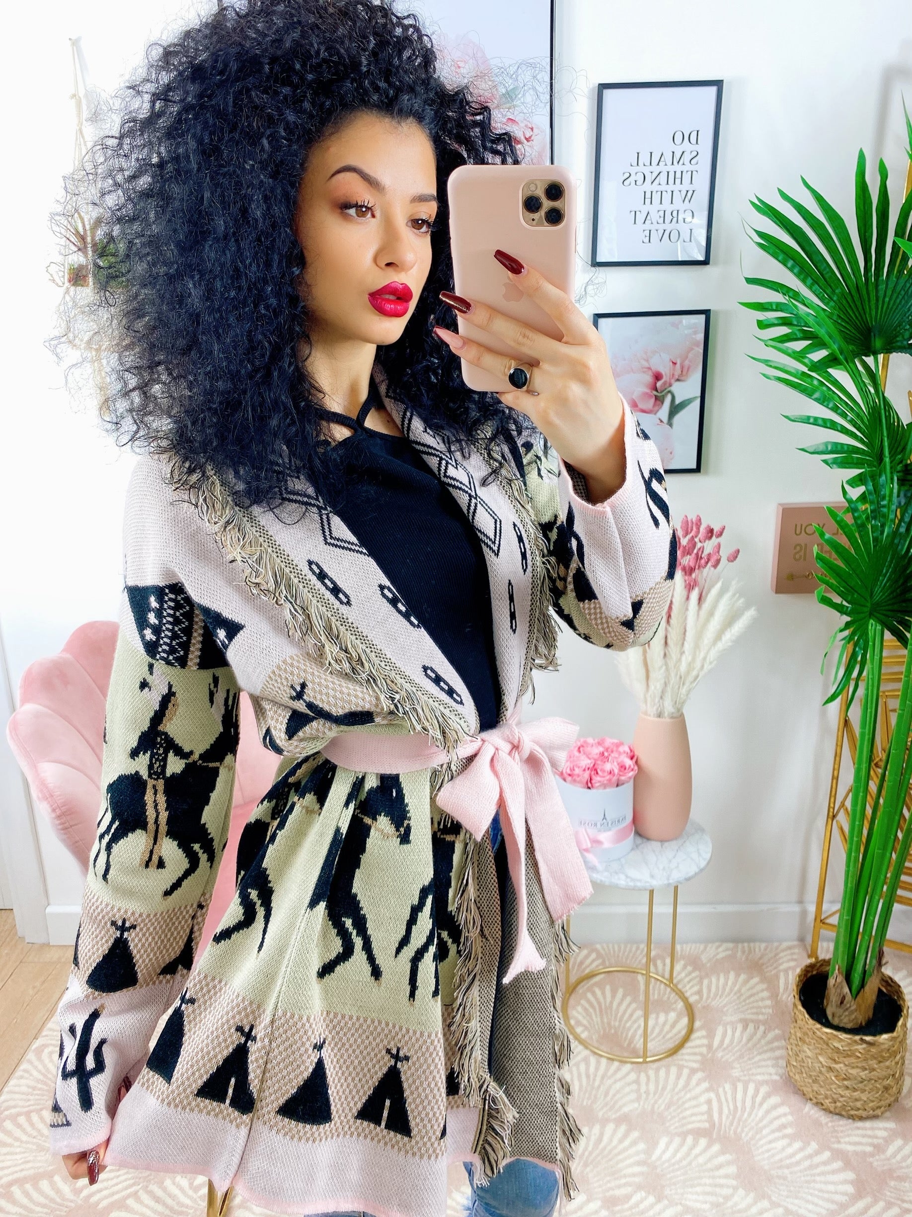 Cardigan frange e cinta con cavallo Rosa