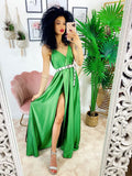 Abito in raso con maxi spacco verde chiaro