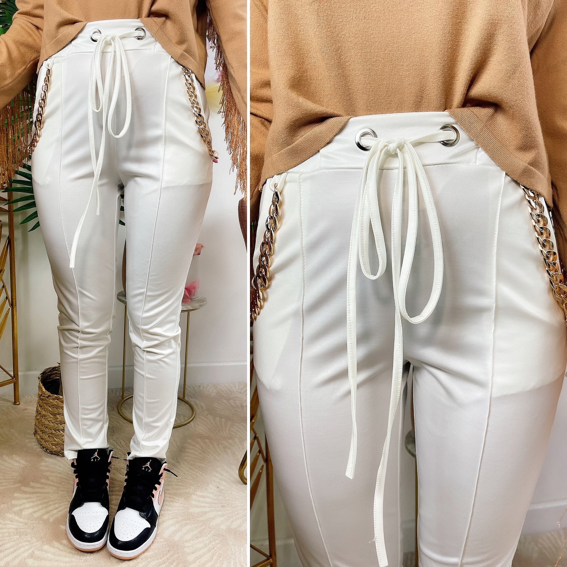 Leggins in eco-pelle con catene bianco