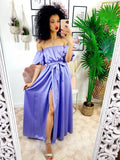 Abito in raso con maxi spacco lilla
