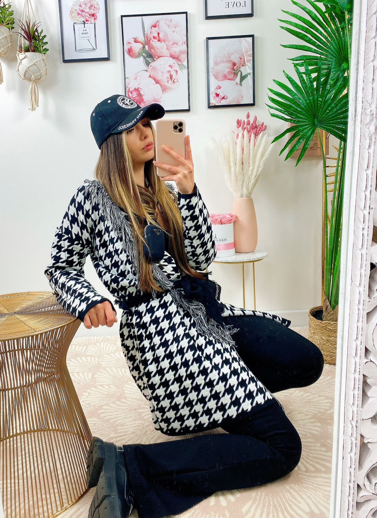 Cardigan Pied de poule con frange e cinta