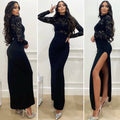 Abito nero con spacco e top in pizzo