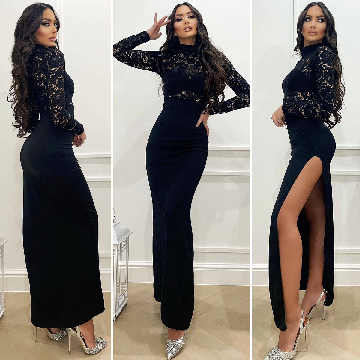 Abito nero con spacco e top in pizzo