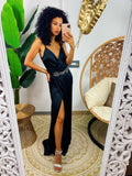 Abito in raso con maxi spacco nero