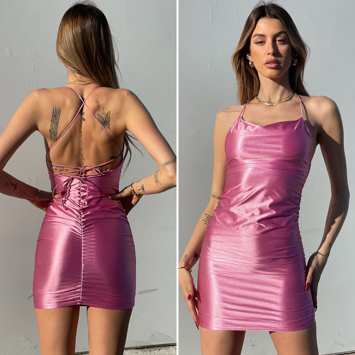 Abito in raso rosa schiena incrociata