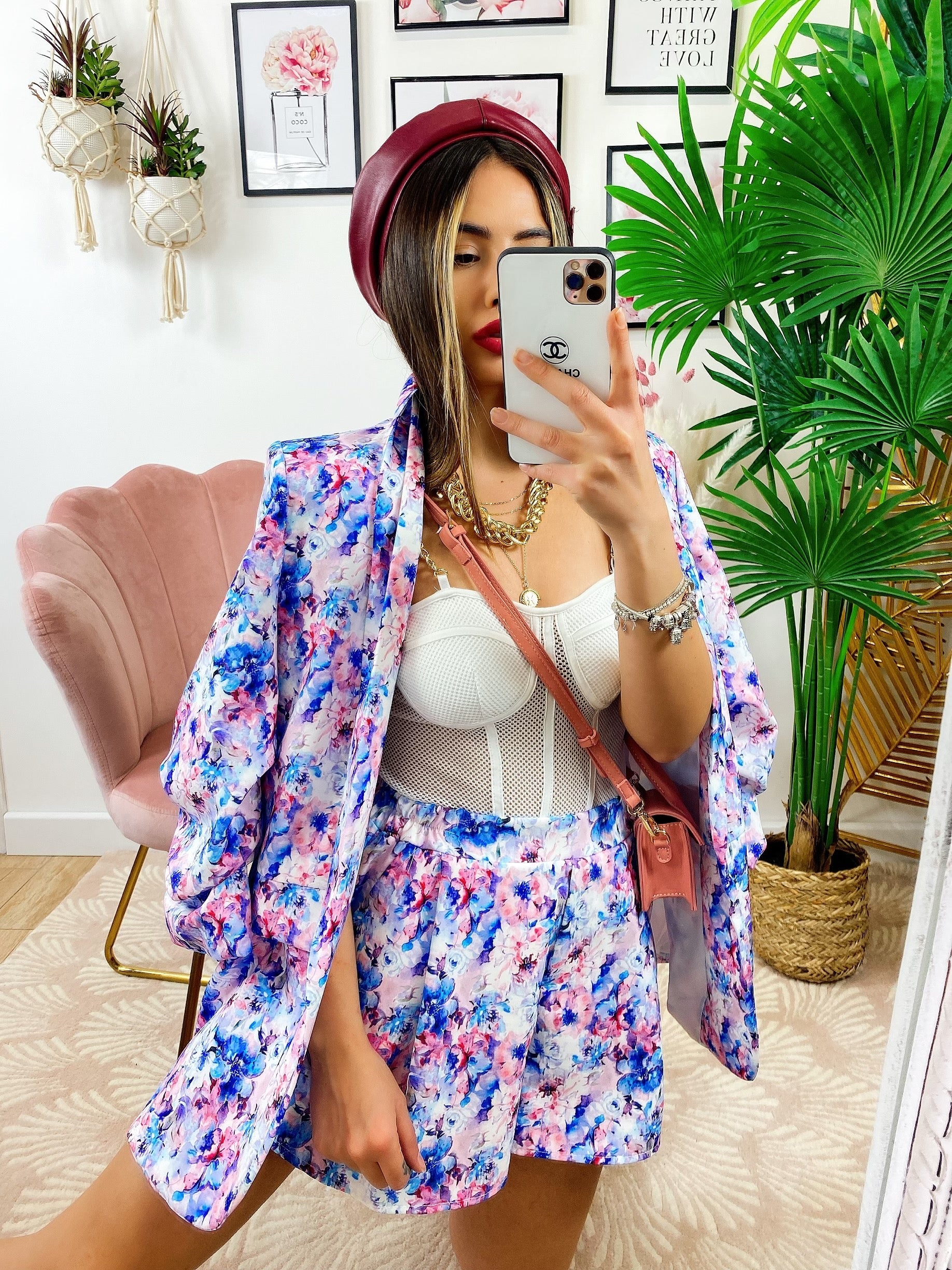 Completo Giacca e Short fiori celesti