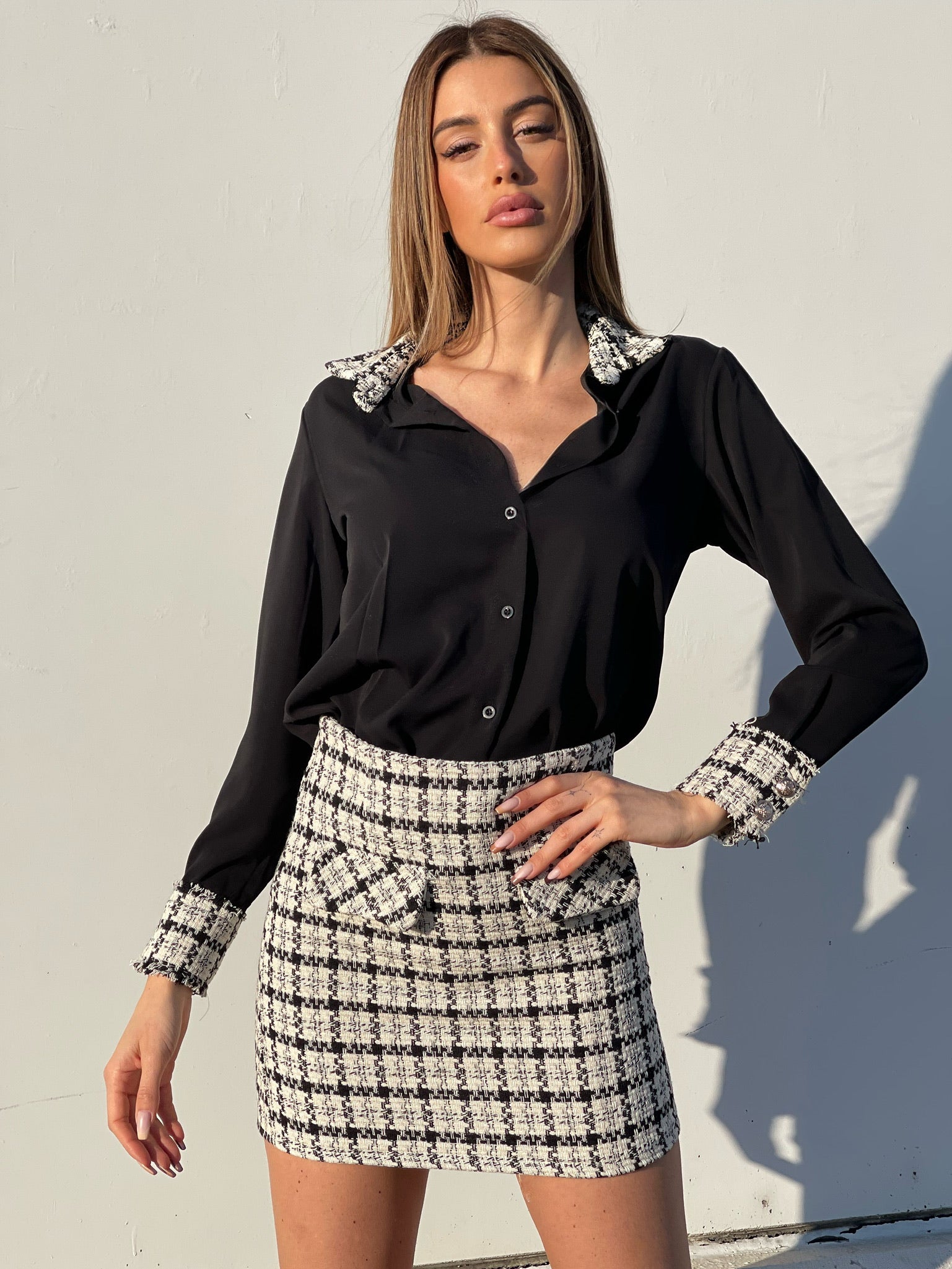 Gonna in tweed dettaglio nero
