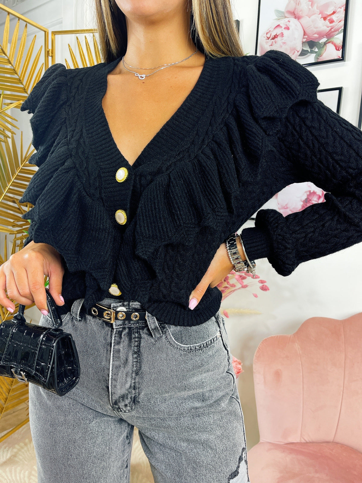Maglione con Rouches e bottoni gioiello