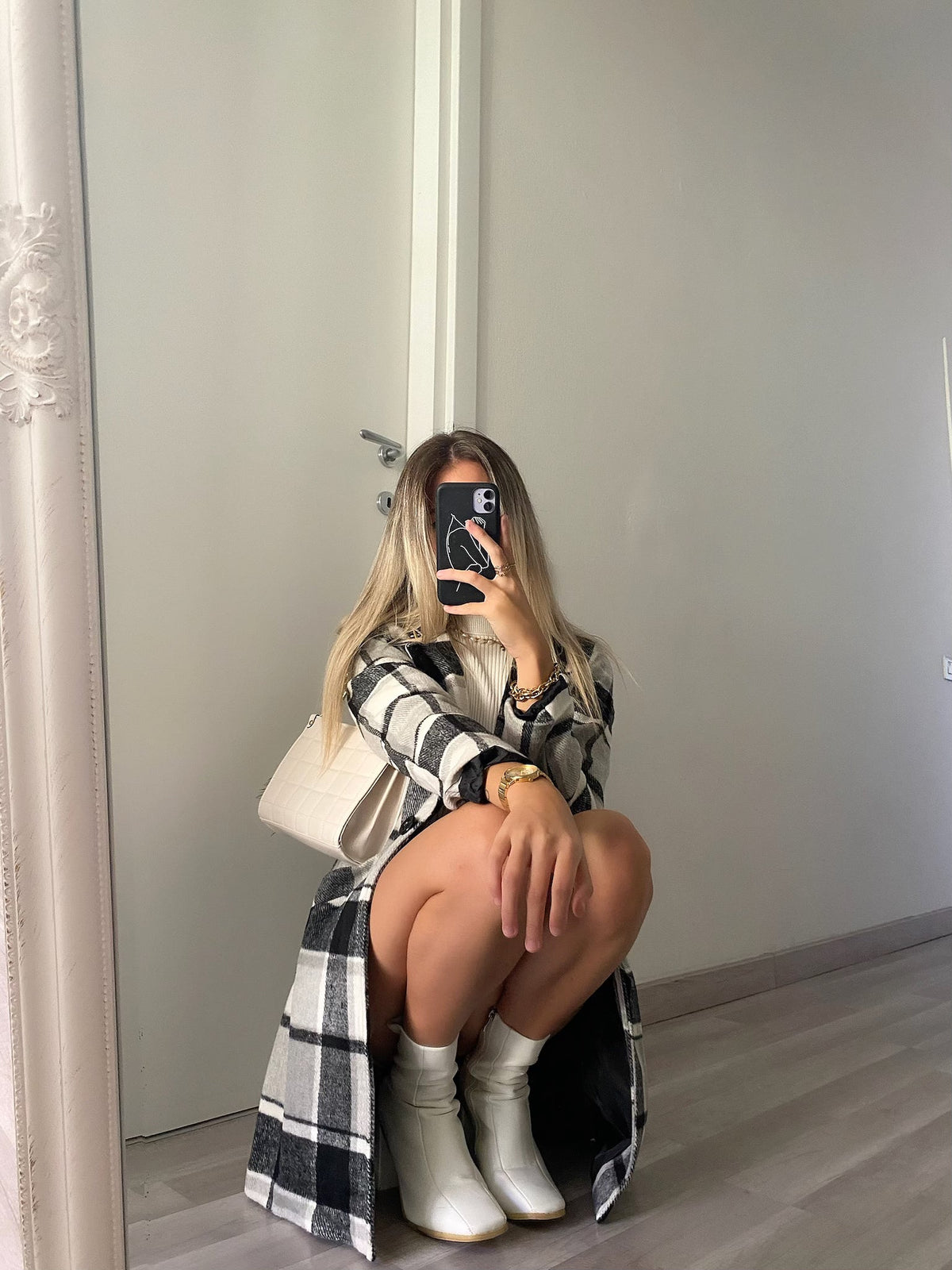 Cappotto check bianco nero