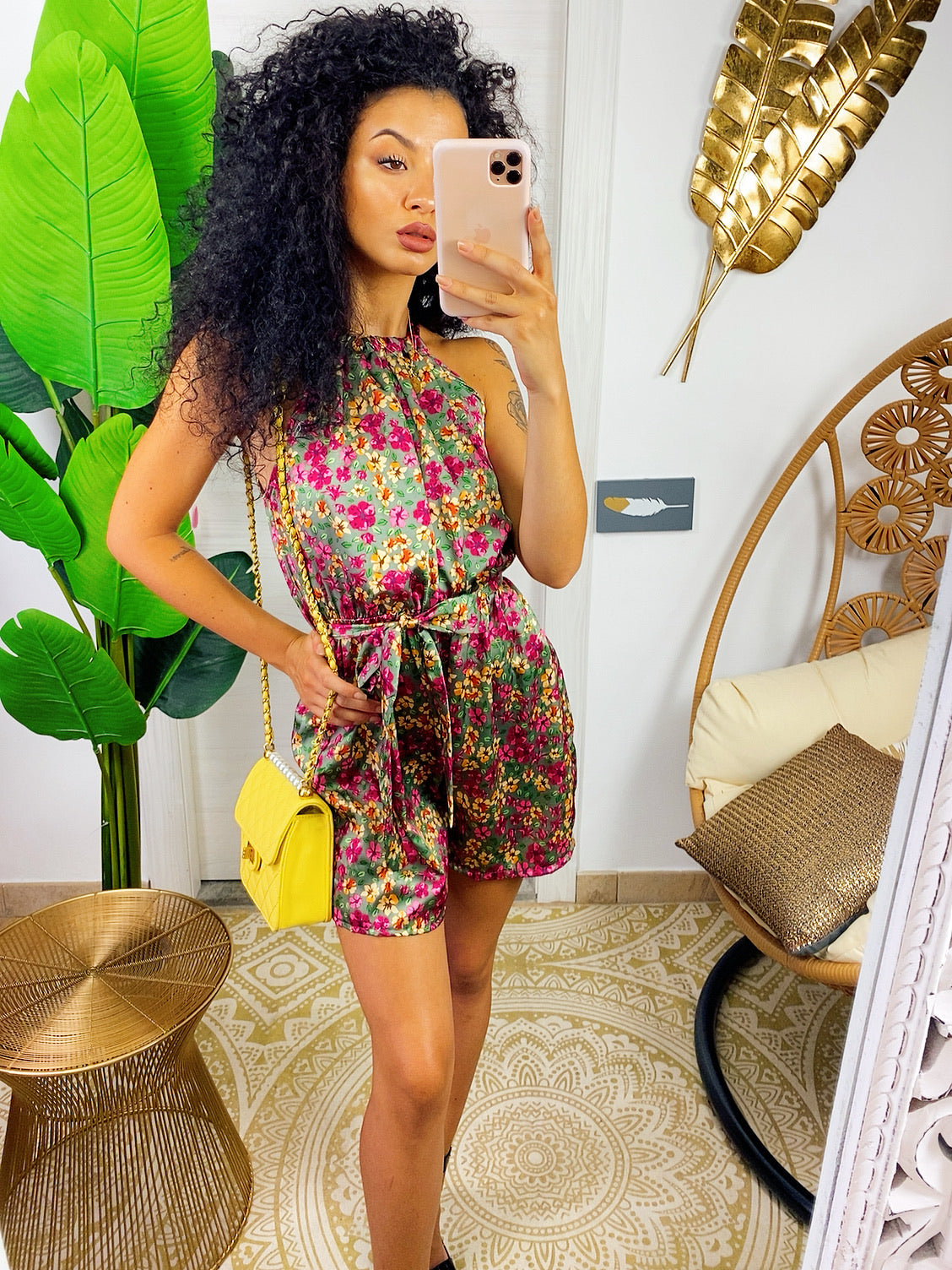 Tutina in raso con fiori base verde