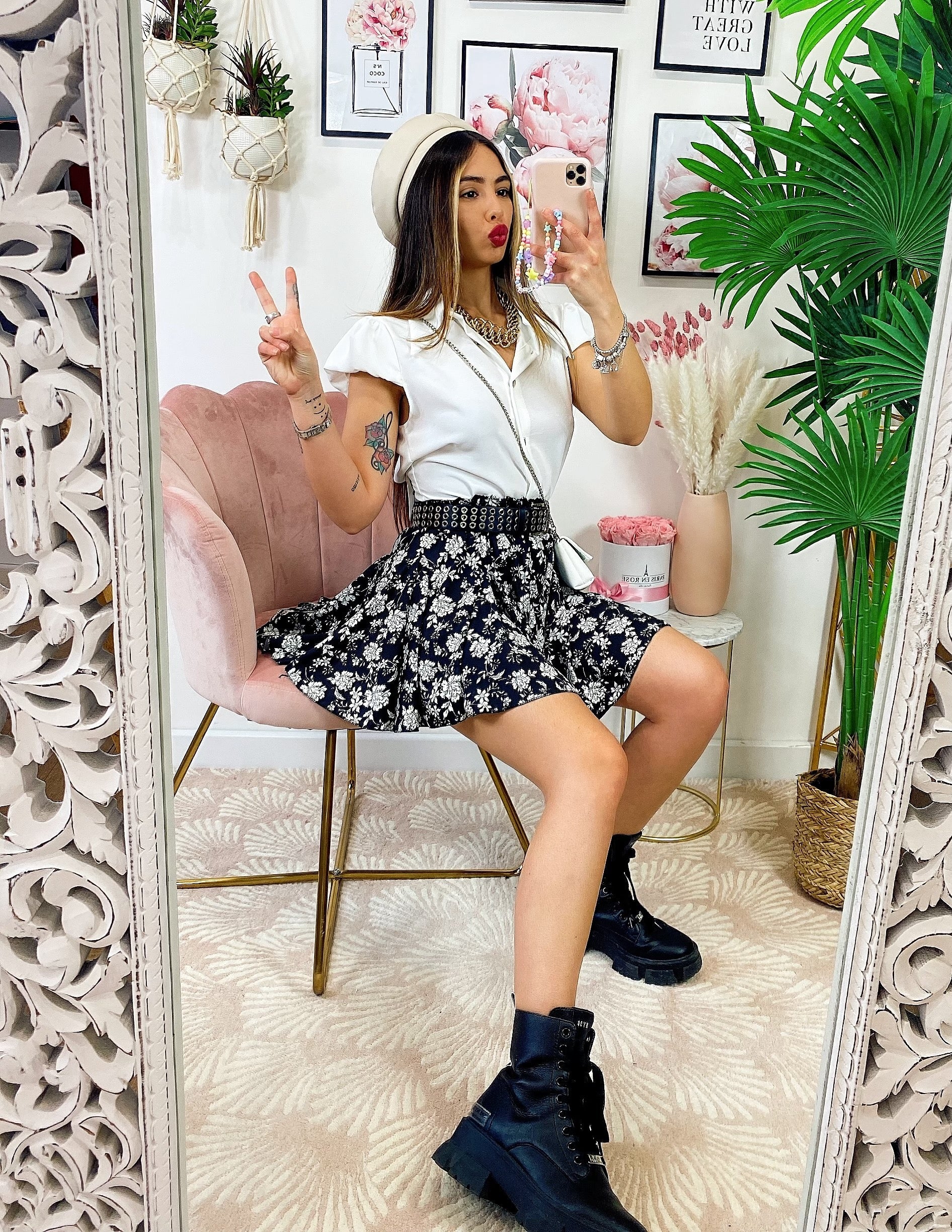 Gonna fiorata dettagli Bianchi