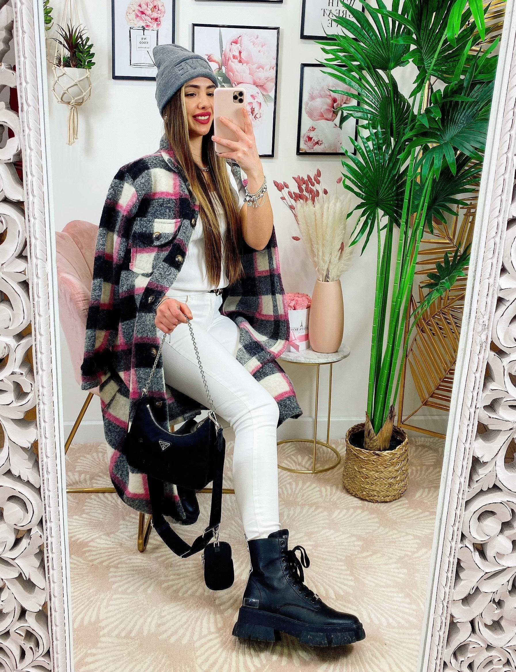 Giacca a quadri lunga Black dettaglio fucsia