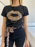 T-shirt kiss animalier nera