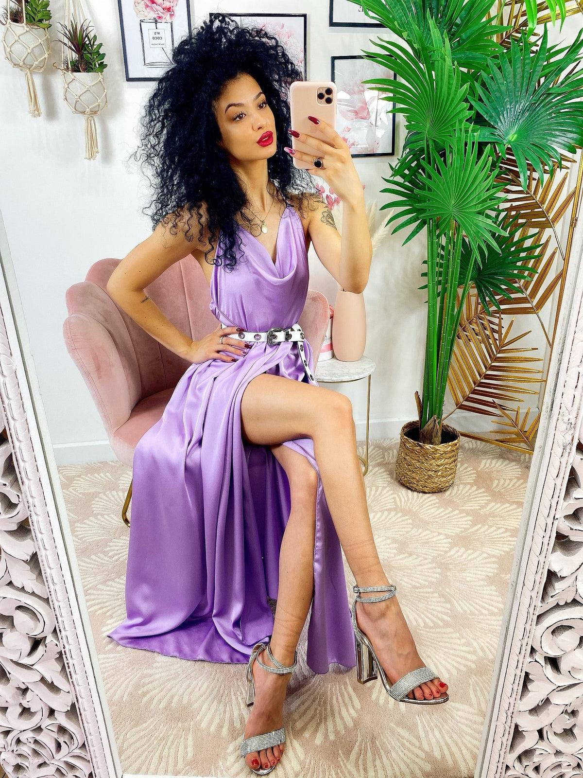 Abito midi raso con maxi spacco lilla