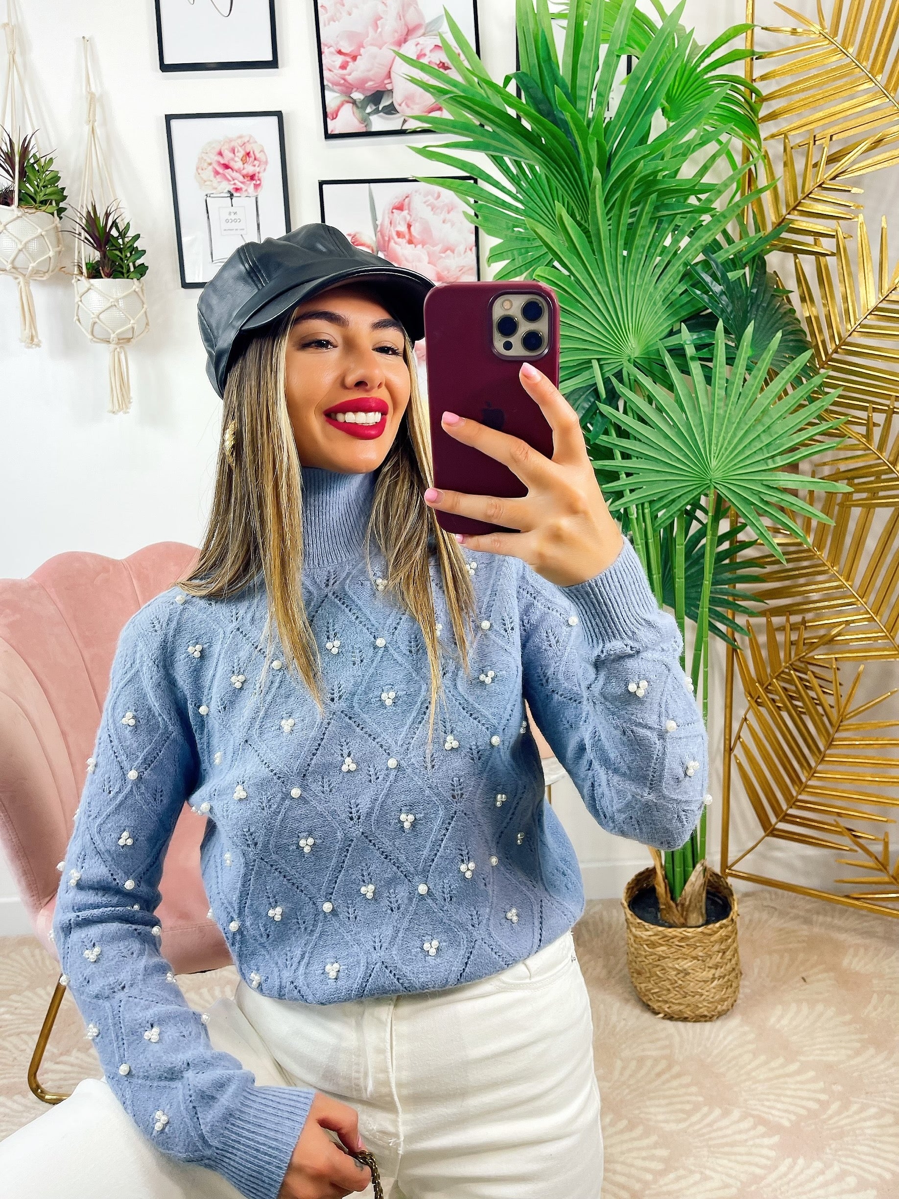 Maglione top quality con perle celeste